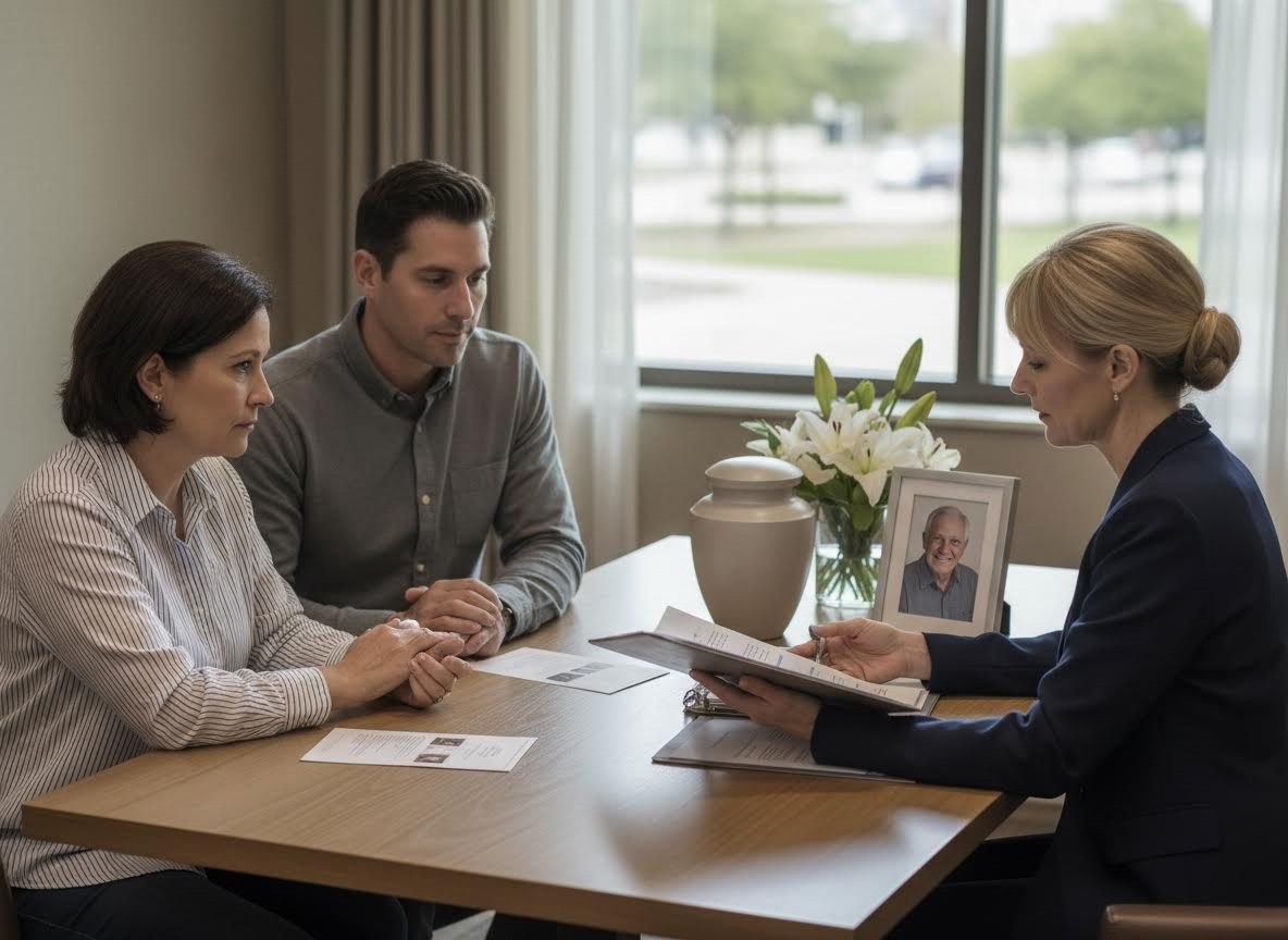 Couple discussing funeral arrangements with a director