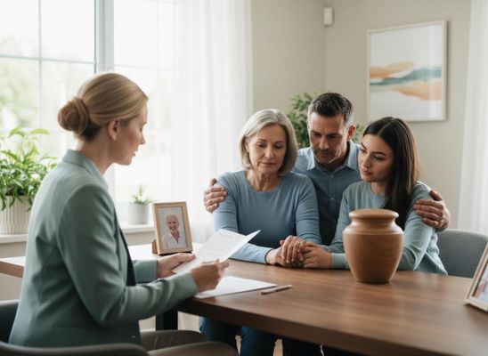 A family, an older woman, a man, and a young woman, sit somberly with an urn and photo, receiving advice from a professional. Family grieving with a professional after a loved one's death