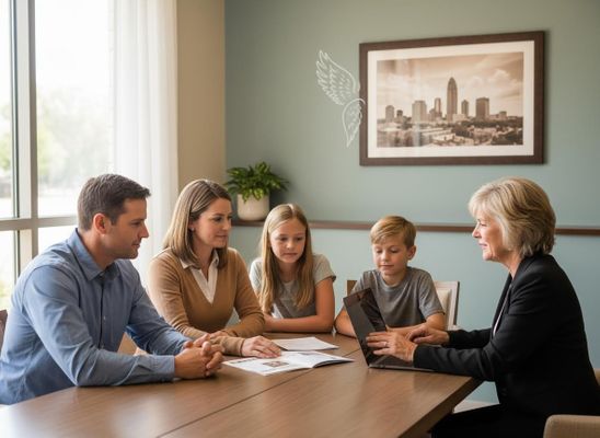 A family (parents and two children) listens to a female advisor presenting on a laptop at a table. Papers and a city skyline picture are visible. Family consultation with an advisor