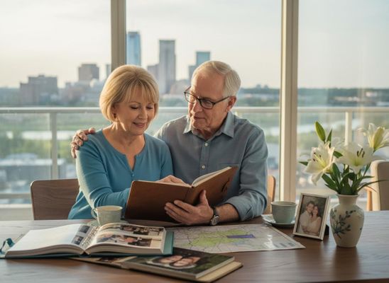 A happy senior couple smiles while looking through a photo album. They sit at a table by a large window with a city view. Happy senior couple reminiscing with photo album