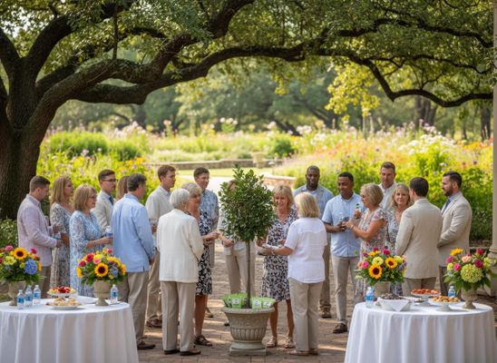 Group socializing in a beautiful garden setting