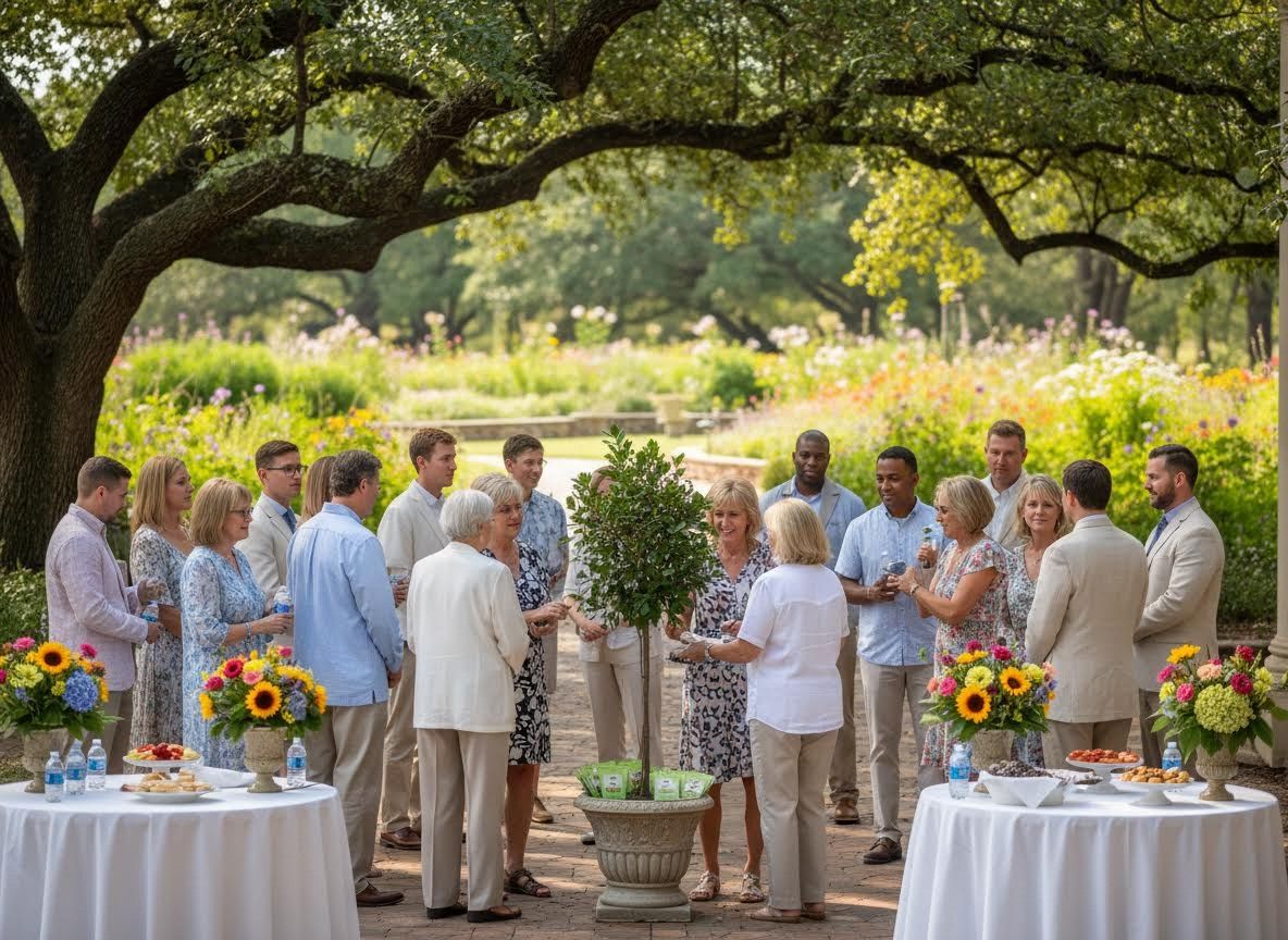 Group socializing in a beautiful garden setting