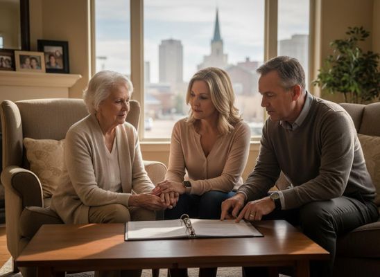 An elderly woman, a middle-aged woman, and a man discuss documents on a table. The women hold hands, and the man points at papers. Family Reviewing Important Documents