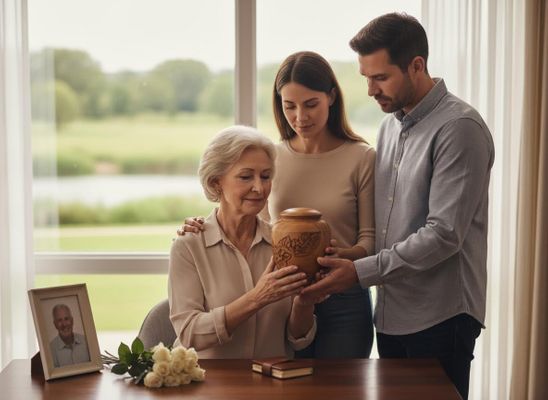 An elderly woman, a younger woman, and a man gently hold a carved wooden urn. A framed photo and white roses are on the table, suggesting remembrance. Family holding a memorial urn