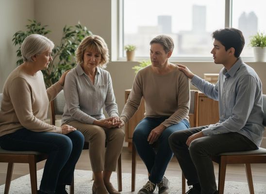 Four people sitting in a circle, holding hands and offering comfort during a support group session. Group support for emotional distress