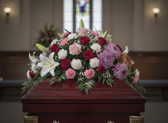 Coffin with Floral Arrangement in Church