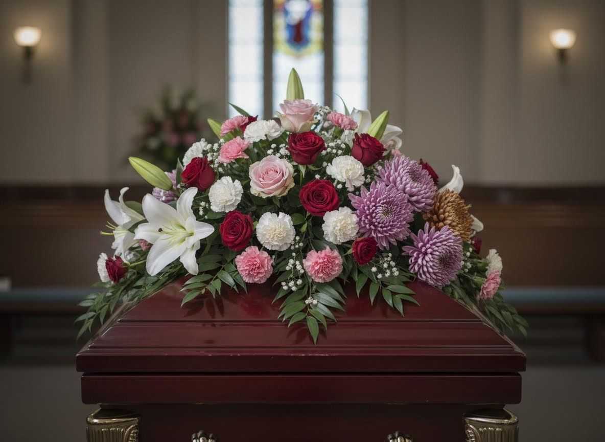 Coffin with Floral Arrangement in Church