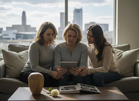 Three women on a couch look at a tablet and photo album with an urn and white rose on a table, with a city view outside. Family Remembering a Loved One