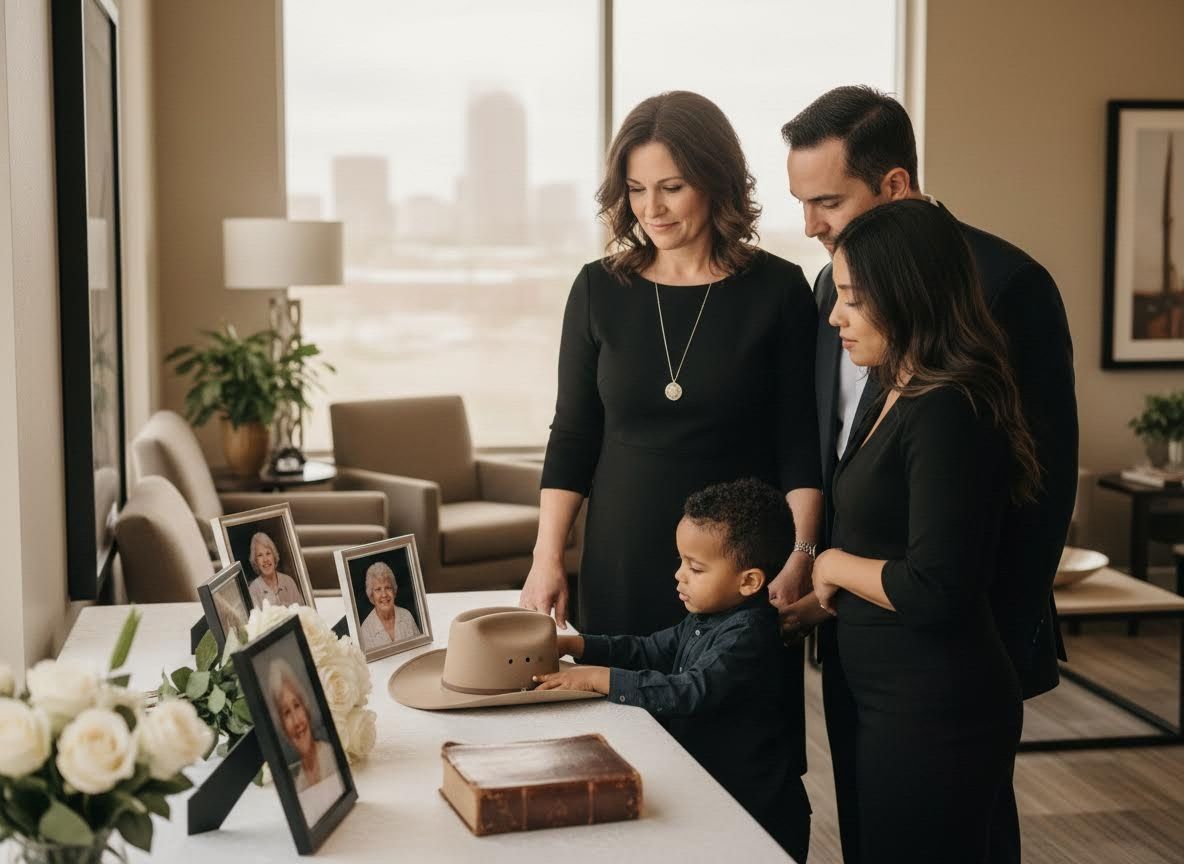 Family looking at memorial mementos