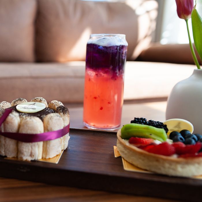 baked goods and refreshing beverage on a table