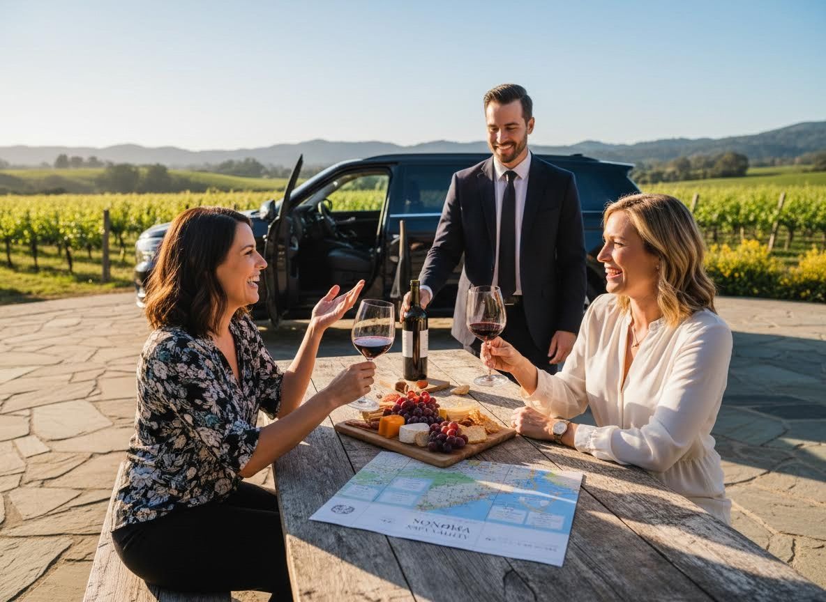 Women enjoying wine tasting with a private driver in Sonoma Napa Valley vineyard