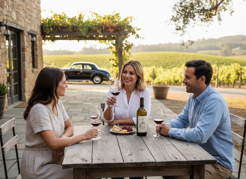 Three friends share red wine and cheese at an outdoor wooden table with a classic car, stone building, and grapevines in the background. Friends Enjoying Wine Tasting at a Scenic Vineyard