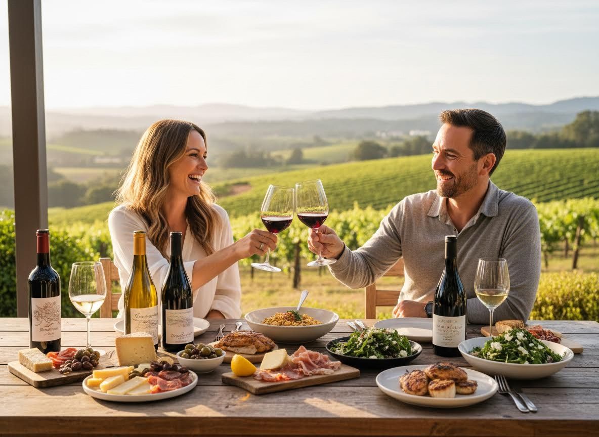 Happy couple toasting with wine at an outdoor vineyard dinner