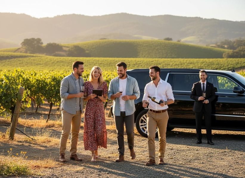 Joyful group of friends on a wine tour, walking through a sunny vineyard, with a chauffeur and luxury SUV in the background. Group enjoying a luxury wine tour