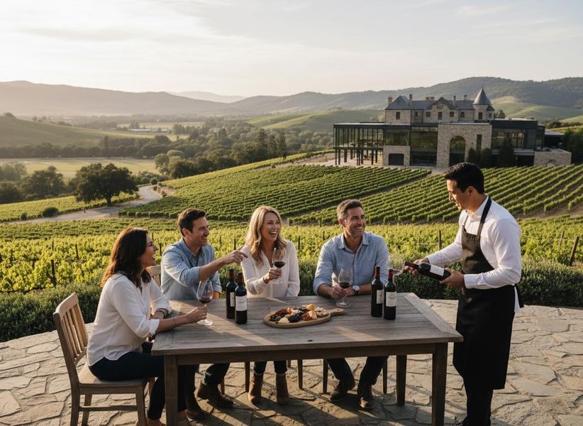 Friends enjoying wine tasting at a scenic vineyard