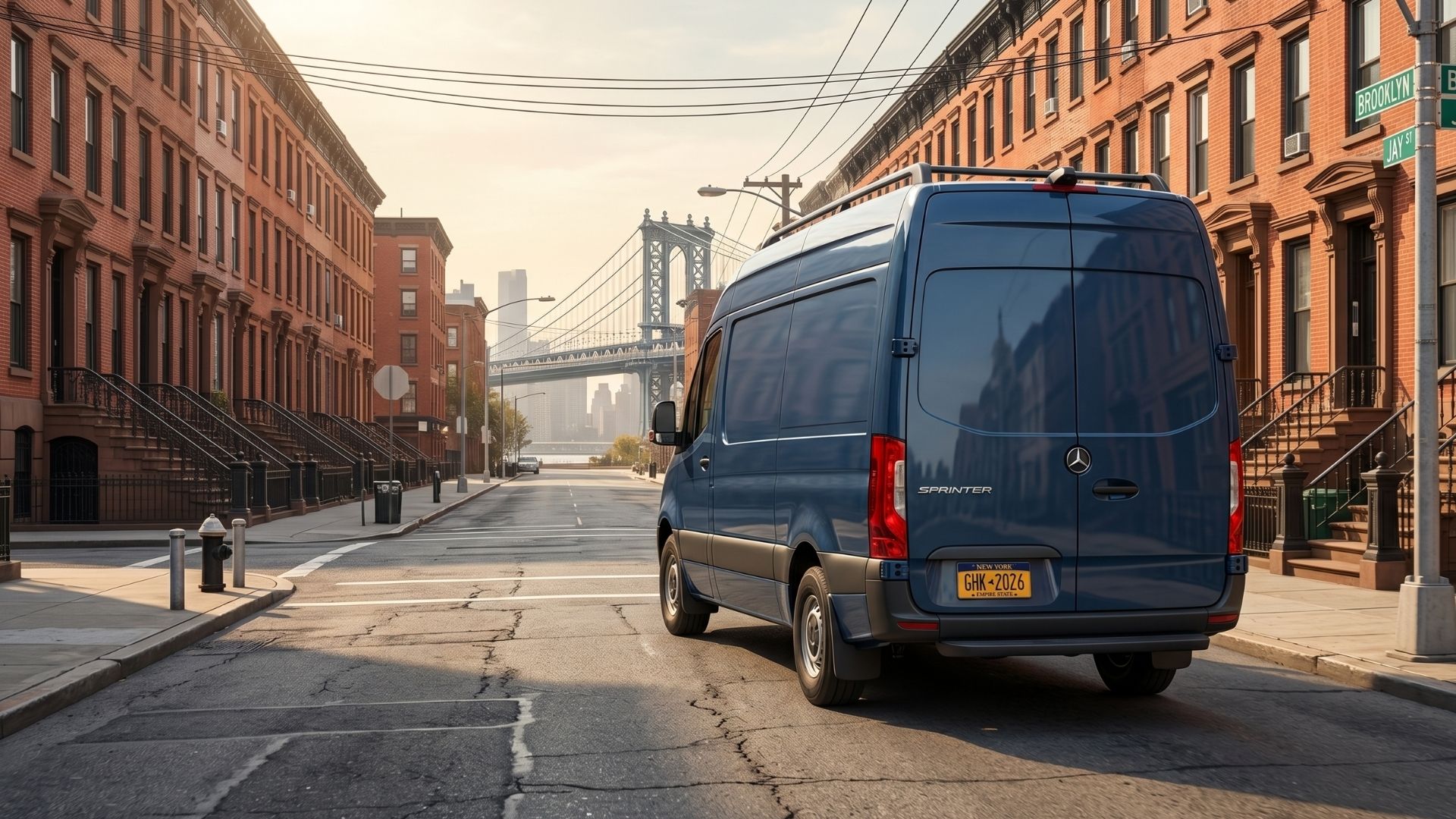 Luxury Mercedes Sprinter chauffeur vehicle on an empty road in Brooklyn Luxury Mercedes Sprinter chauffeur vehicle on an empty road in Brooklyn