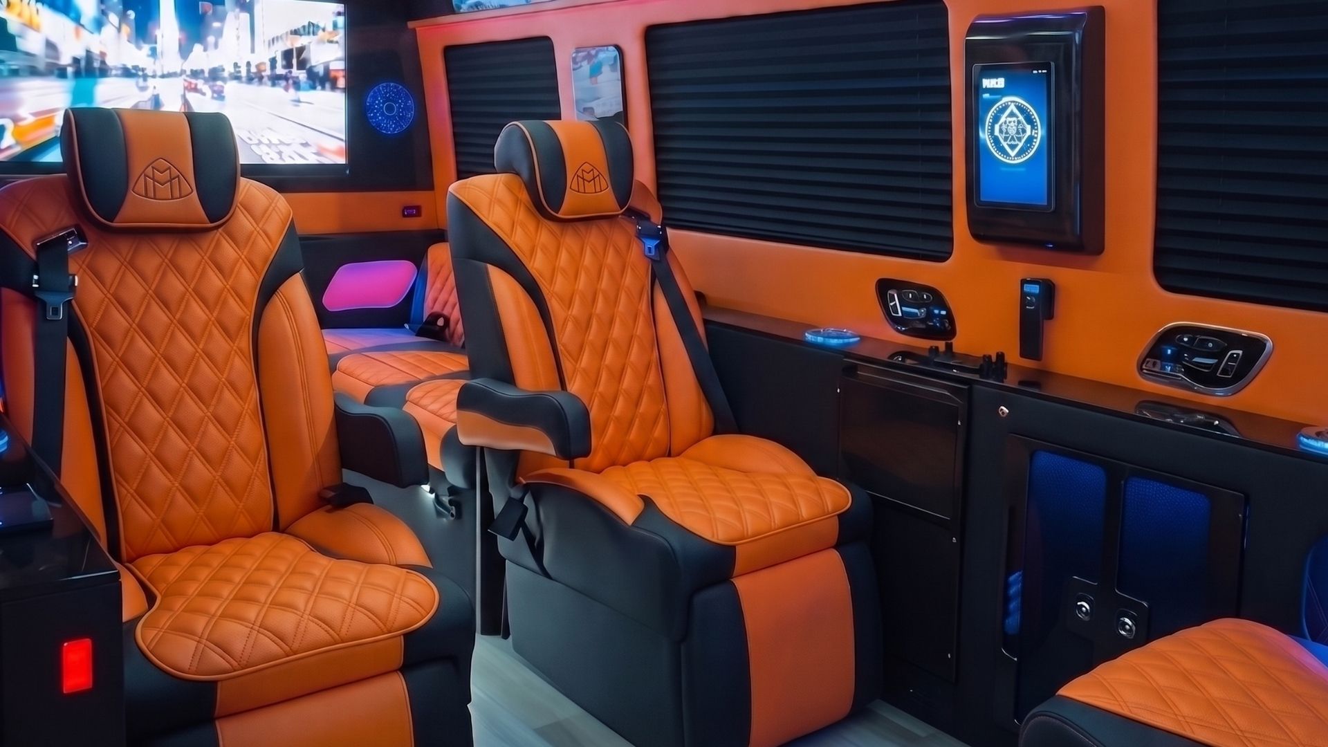 Orange leather seats in a 2026 Mercedes-Benz Sprinter 3500 luxury executive van