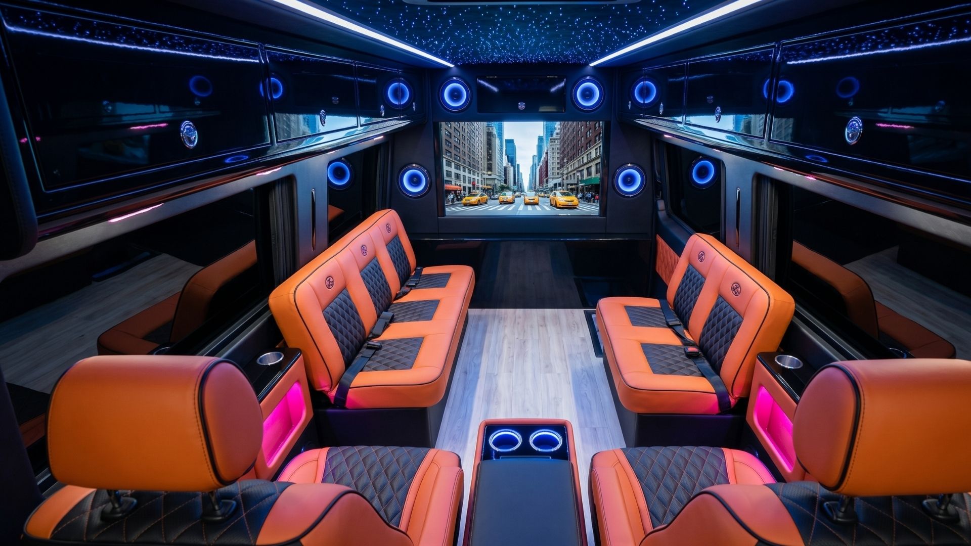 Orange seating interior a Luxury Mercedes Sprinter chauffeur vehicle
