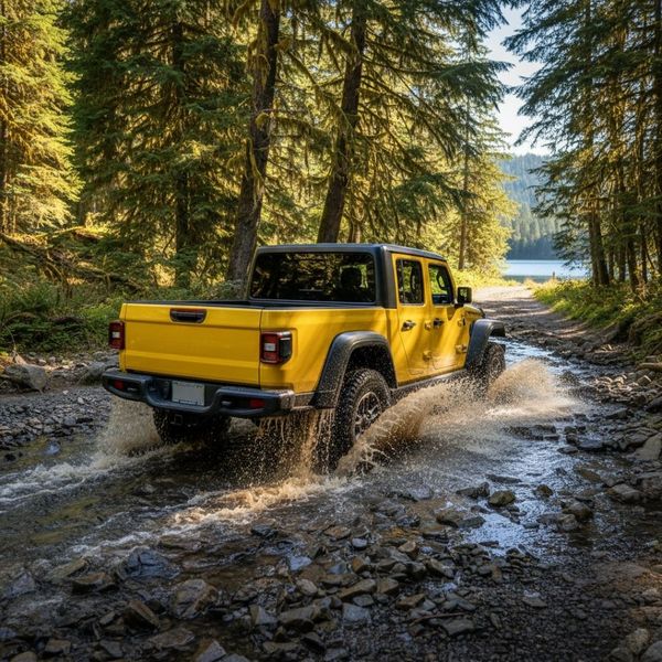 A yellow pickup truck, seen from the rear three-quarter angle, splashing through a shallow, rocky creek in a sunlit forest. A yellow pickup truck, seen from the rear three-quarter angle, splashing through a shallow, rocky creek in a sunlit forest.