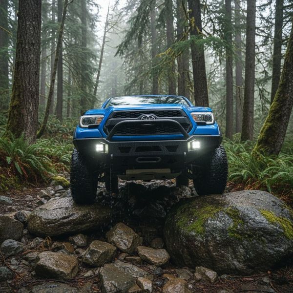 A blue pickup truck with aftermarket lights and bumper, seen from a low-angle front view as it drives over large, mossy rocks on a foggy forest path. A blue pickup truck with aftermarket lights and bumper, seen from a low-angle front view as it drives over large, mossy rocks on a foggy forest path.