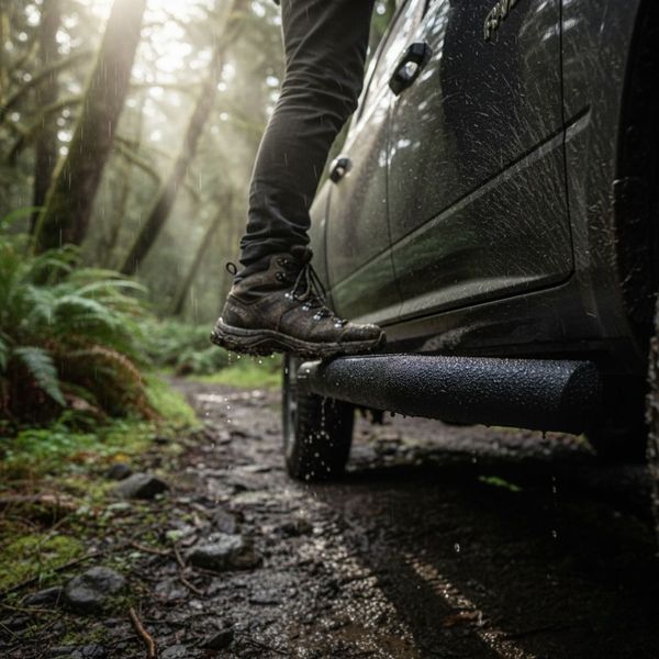 A close-up, low-angle view of a person's muddy hiking boot stepping onto the black, textured-coated step bar of a truck on a rainy forest trail. A close-up, low-angle view of a person's muddy hiking boot stepping onto the black, textured-coated step bar of a truck on a rainy forest trail.