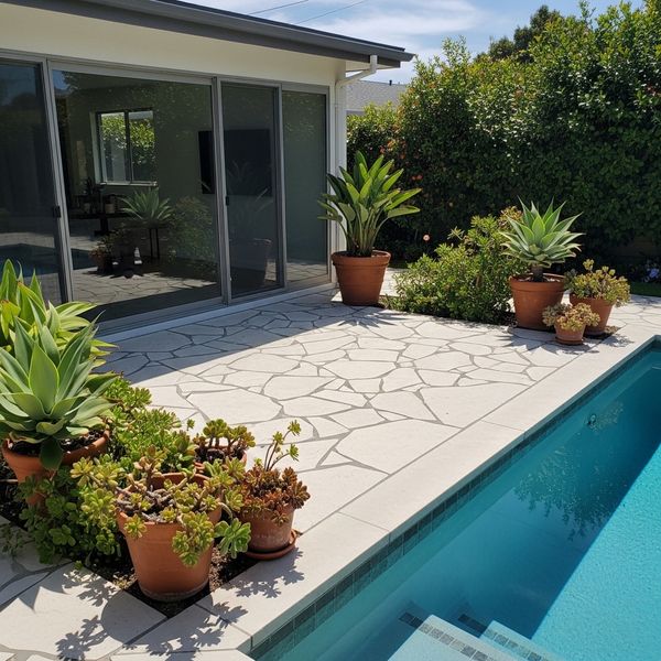small patio by a pool at a home