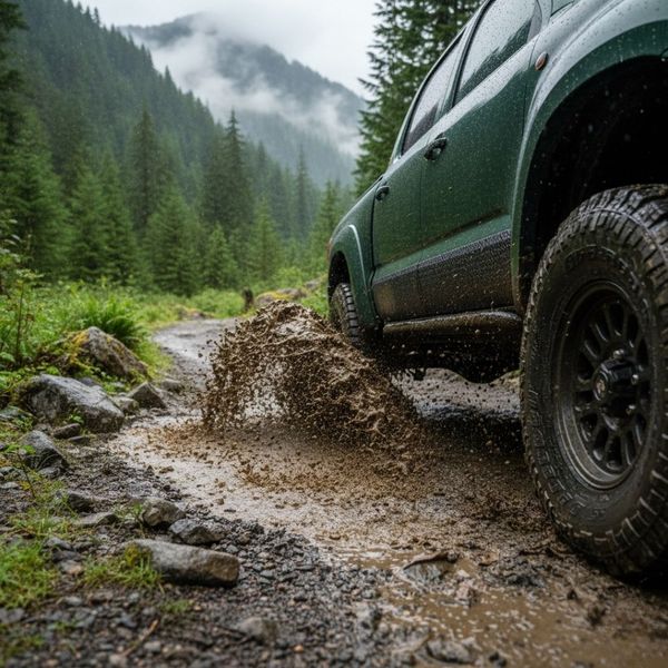 A close-up, low-angle shot of a green truck's rear wheel kicking up a large splash of mud on a wet, rocky trail in a foggy evergreen forest. A close-up, low-angle shot of a green truck's rear wheel kicking up a large splash of mud on a wet, rocky trail in a foggy evergreen forest.