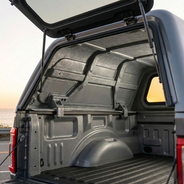 Interior view of a durable SnugTop camper shell highlighting the reinforced fiberglass build.