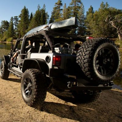 Jeep preparing to go through water. 