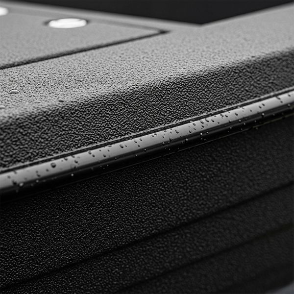 Close-up of a waterproofed boat hull with a black textured LINE-X coating