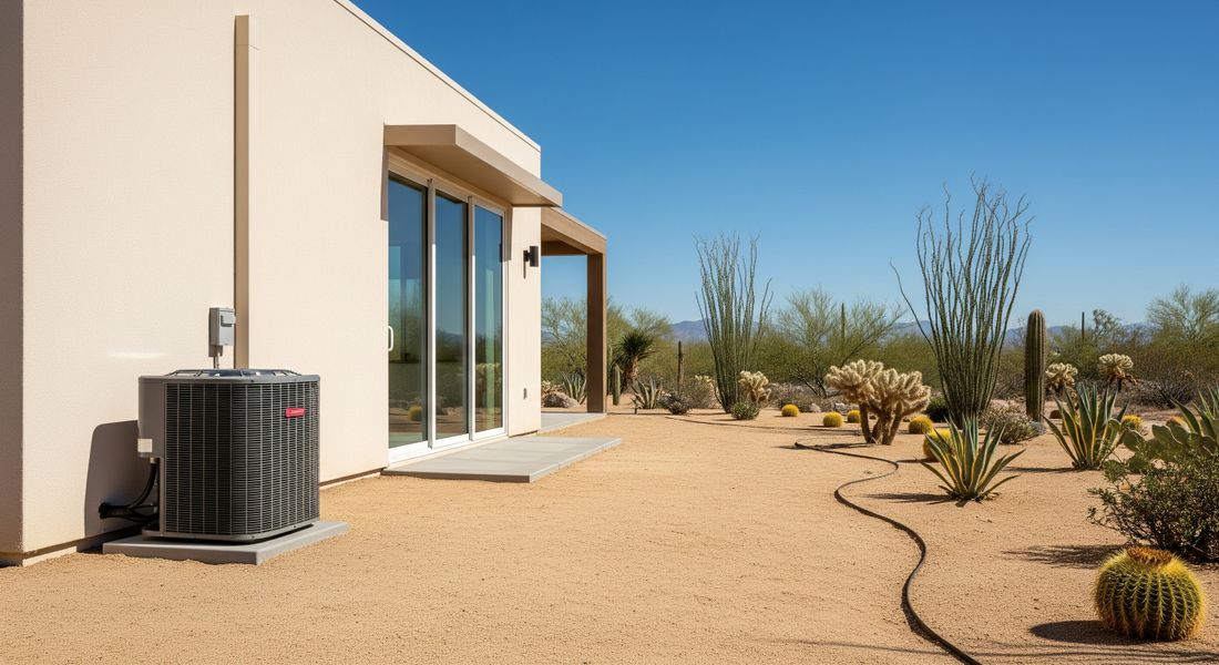 A modern AC unit outside a home in a desert climate, emphasizing the need for reliable air conditioning.
