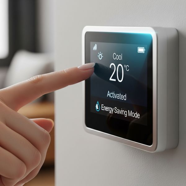 Hand adjusting a smart thermostat to an energy-saving setting. Hand adjusting a smart thermostat to an energy-saving setting.