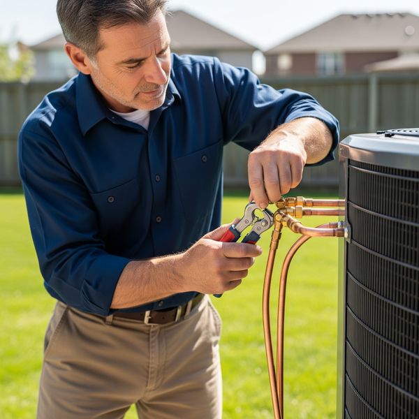 A technician from Assured Heating and Air Conditioning Services working on an AC unit. A technician from Assured Heating and Air Conditioning Services working on an AC unit.