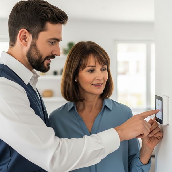 A satisfied homeowner learns about their new thermostat after an AC installation. A satisfied homeowner learns about their new thermostat after an AC installation.