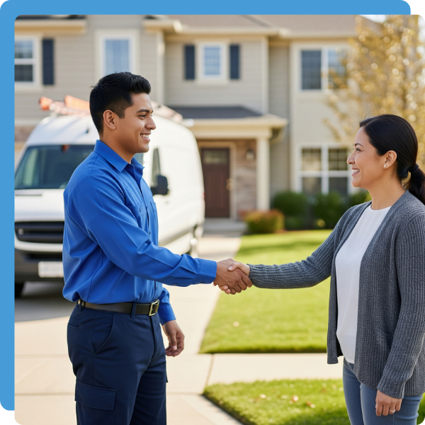 A trusted HVAC technician shakes hands with a happy Palm Desert homeowner. A trusted HVAC technician shakes hands with a happy Palm Desert homeowner.