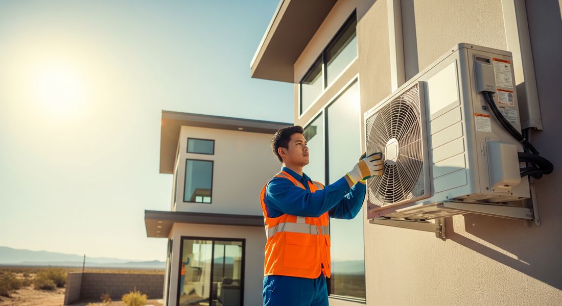 A professional technician from Assured Heating and Air Conditioning Services performing an AC installation in Palm Desert.