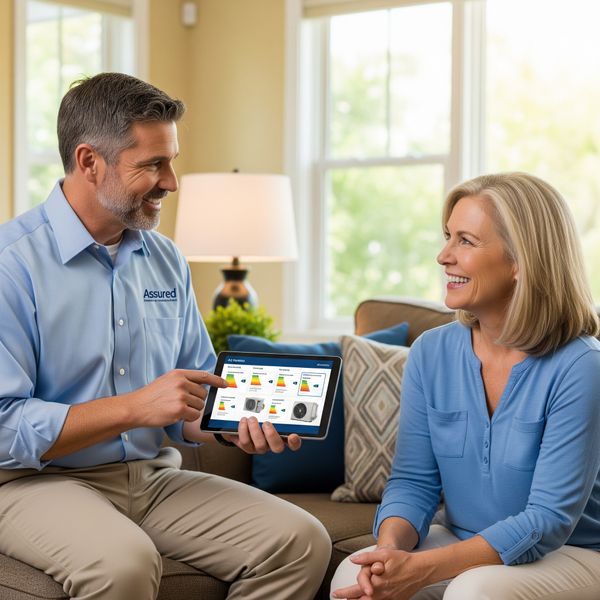 An Assured Heating and Air Conditioning Services consultant discusses AC installation with a client. An Assured Heating and Air Conditioning Services consultant discusses AC installation with a client.