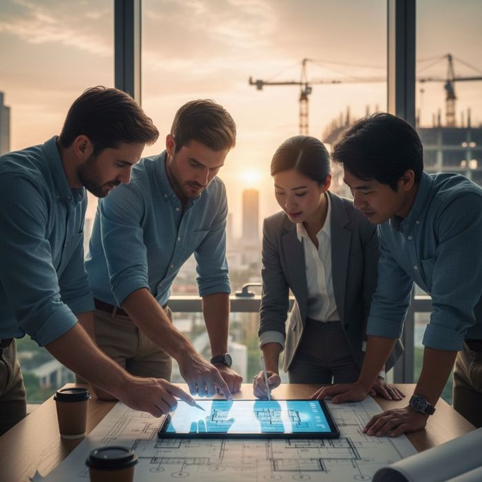 Team looking over construction blueprints