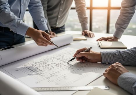 A group of architects collaborating on a blueprint, pointing and analyzing details of the design, with notebooks and a bright window in the background, emphasizing teamwork and precision in architectural planning. Architects Reviewing Blueprint