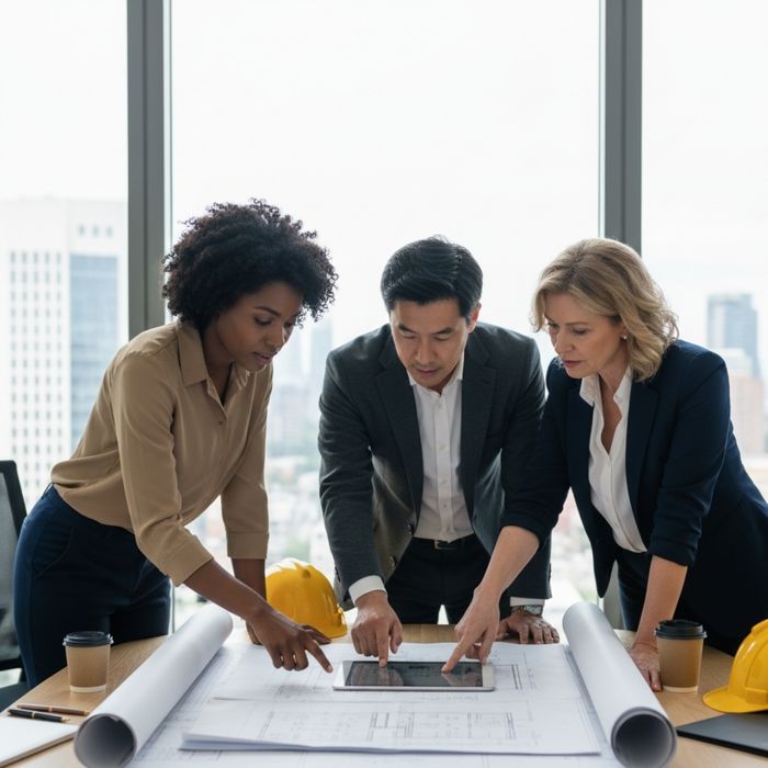 A diverse team of professionals looks seriously at building plans