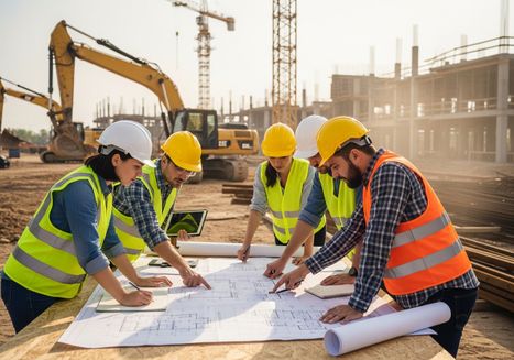 Construction Team Reviewing Blueprint