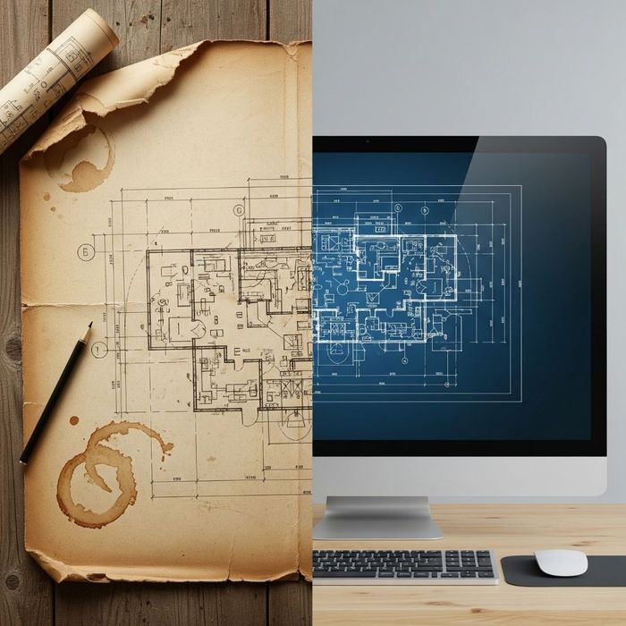 damaged physical blueprint next to its clean, preserved digital counterpart damaged physical blueprint next to its clean, preserved digital counterpart