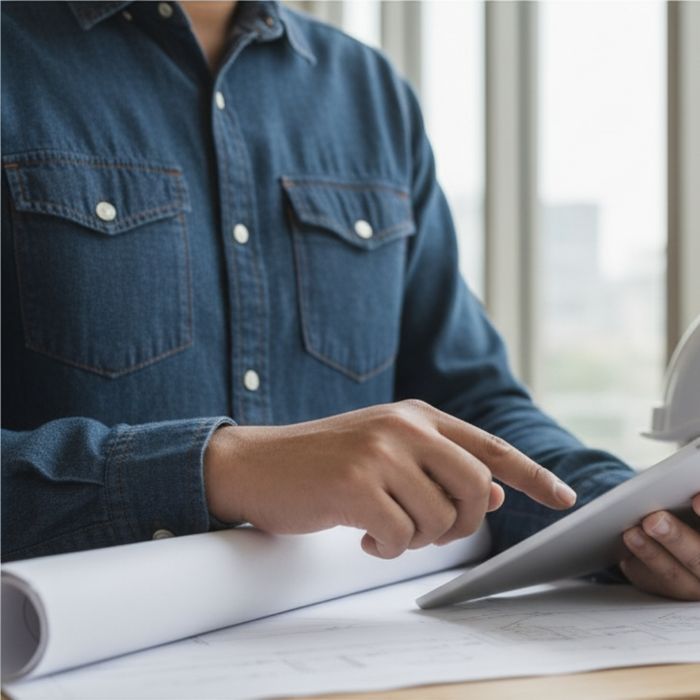 Architect using a tablet with construction project data