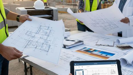 Construction team holding up blueprints Construction team holding up blueprints
