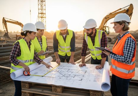 Construction Workers Reviewing Plans On Site