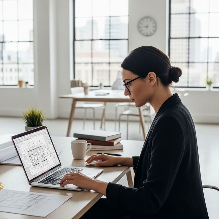  female architect with glasses focused on her work, reviewing intricate architectural blueprints on a laptop