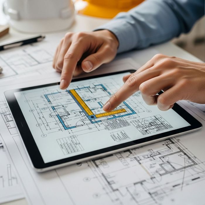 a person's hands securely navigating a digital tablet that displays complex construction plans