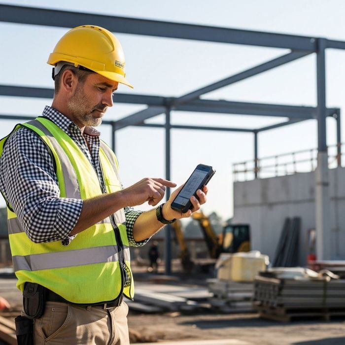A construction site manager wearing a hard hat accesses important project files and plans on a smartphone