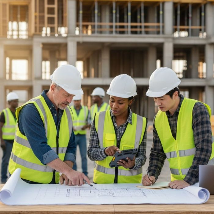 contractors working together from blueprints