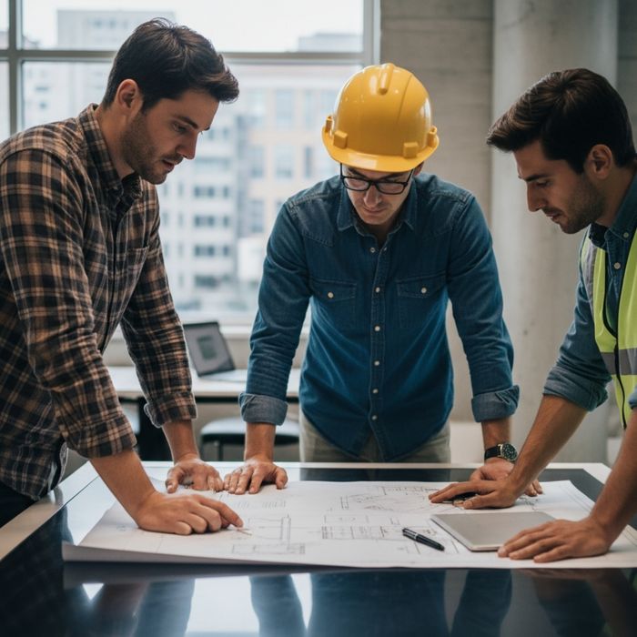 Architects and engineers collaborating on blueprints on a large interactive table